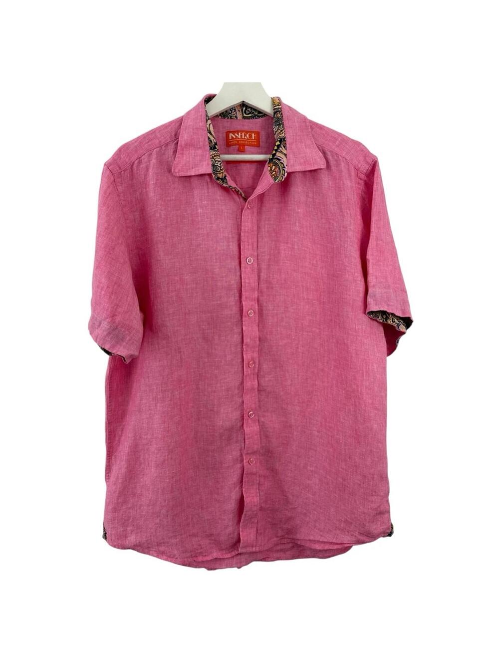 Inserch Men’s 100% Linen Pink Short Sleeve Button Down Shirt Size L